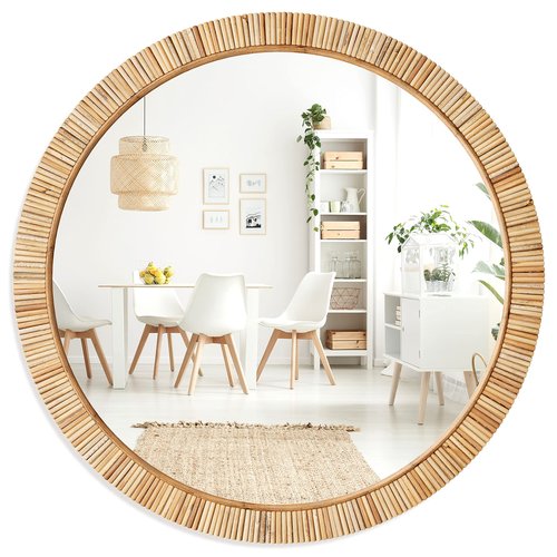 Barnyard Designs Round Rattan Wall Mirror, Natural Tan Woven Rattan Frame, Indoor Decorative Mirror for Bedroom Living Room Entryway (25.5", Round)
