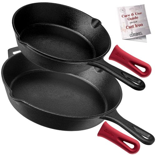 Cast Iron Skillet Set - 8" + 12"-Inch Frying Pan - Pre-Seasoned Oven Safe Cookware + 2 Heat-Resistant Handle Holder Grips - Indoor/Outdoor Use - Grill, Stovetop, Induction Safe. PFAS and PFOA-free