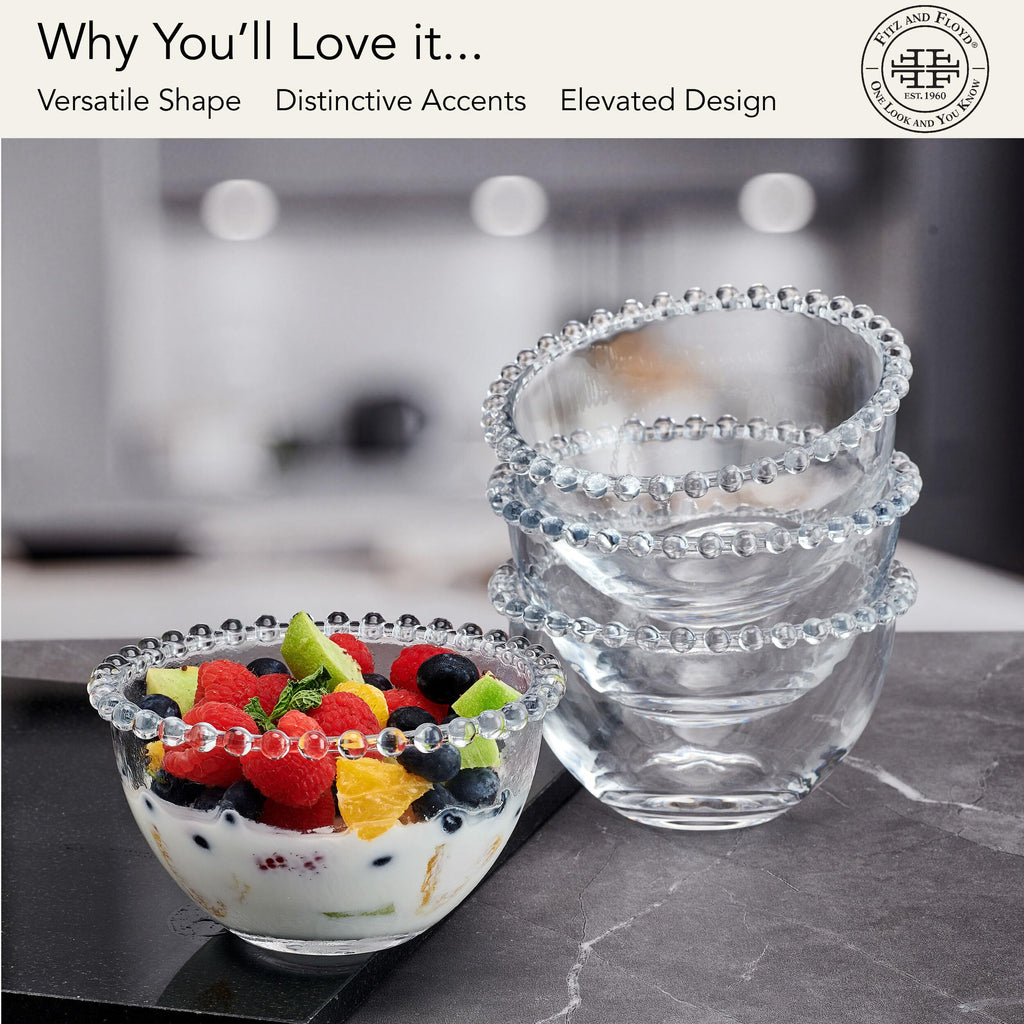 Fitz and Floyd Beaded Glass Prep, Dip, Dessert, Fruit, Candy Bowls, Set of 4, 5.25 inch