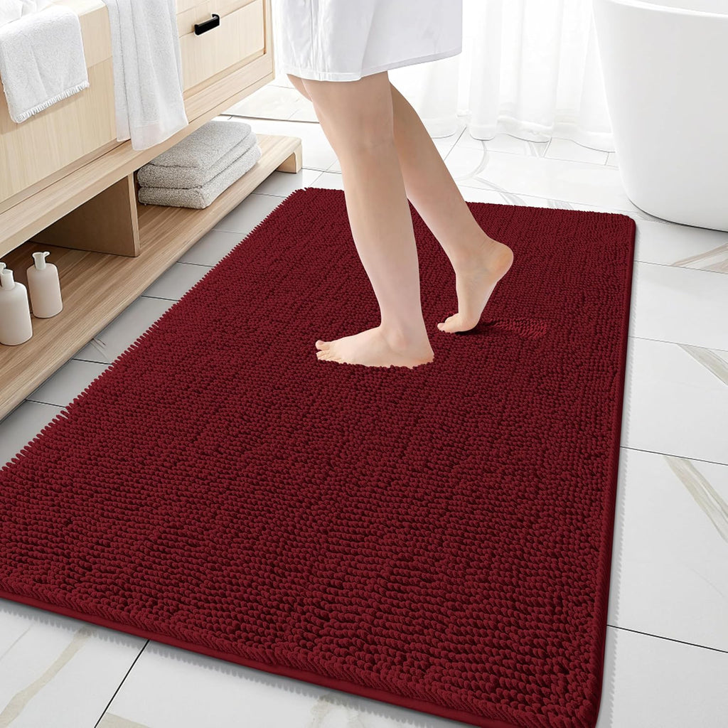 OLANLY Large Bathroom Rugs - Extra Soft Chenille Bath Mats | Quick Dry, Machine Washable, Burgundy 59x35