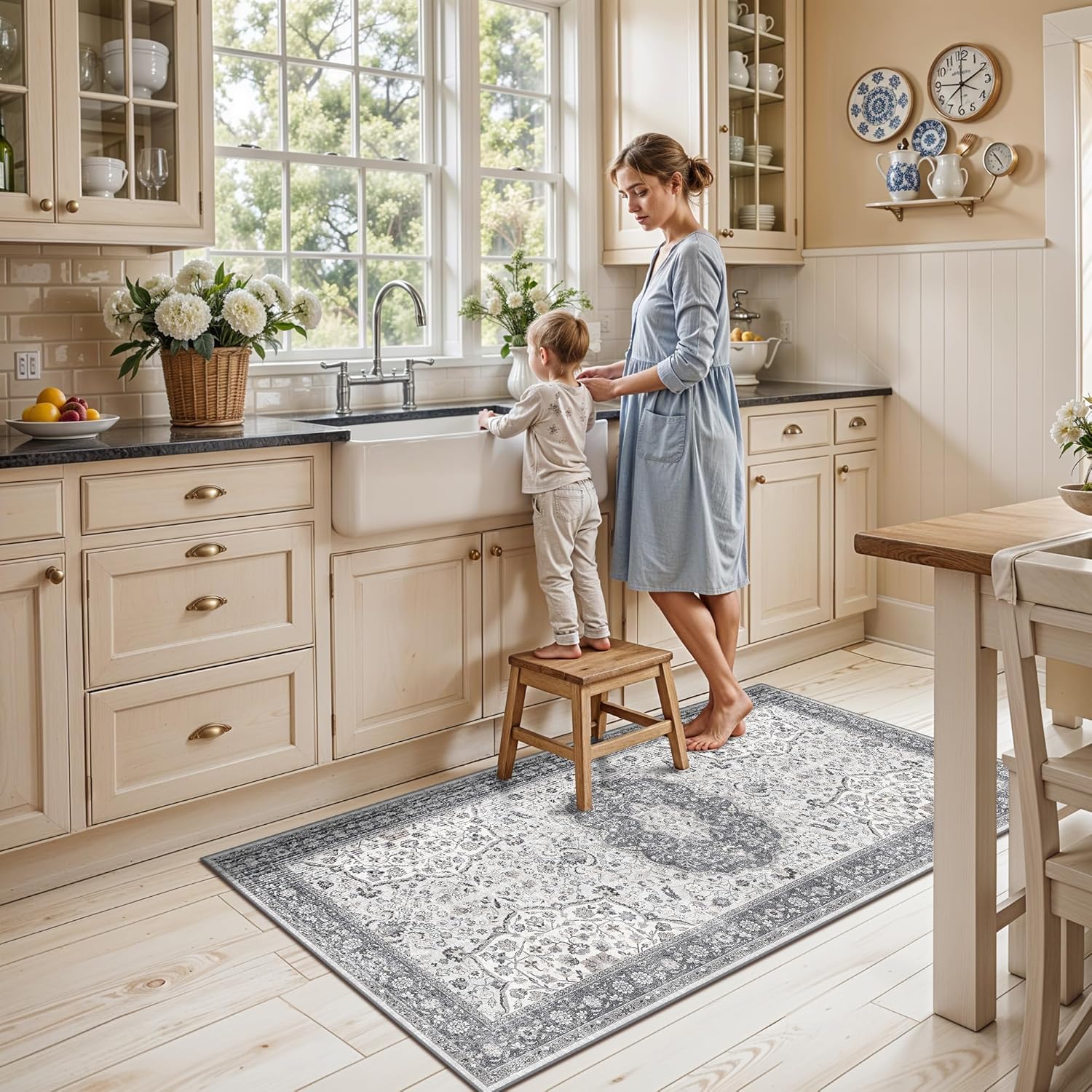 Skiennix Washable Kitchen Sink Rugs - Non-Slip Soft Stain Resistant Mat | 2x4 Grey Boho Decor