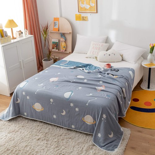J-pinno Planet Stars Muslin Blanket Reversible 100% Cotton 6 Layer Quilt Bed Blanket Soft Warm Throw Sofa Couch Toddler Kids Boys Cartoon Travel Coverlet Sheet (Universe, Twin 58" X 80")