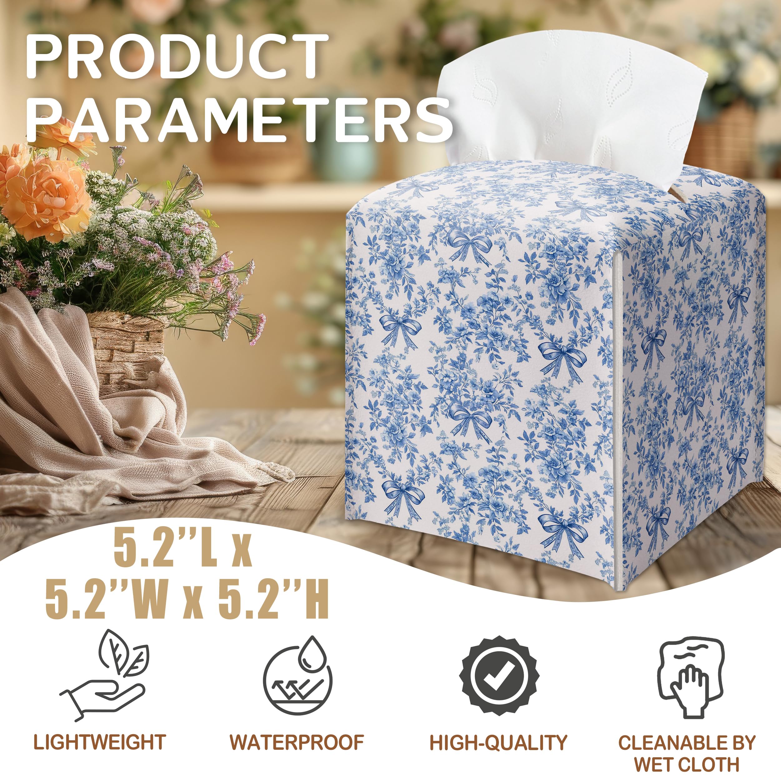 Blue Chinoiserie Bow Tissue Box Cover, Tissue Box Cover Square, Gifts for Women Men Friends, Decorative Facial Paper Case for Home Office Bathroom Vanity Countertop-A09