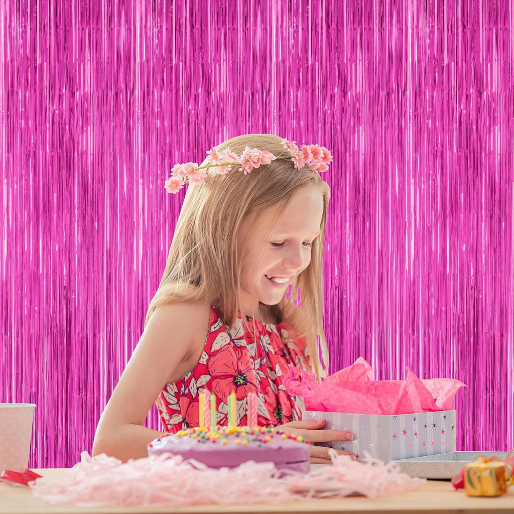 Skiennix Hot Pink Party Decorations - 3.28 FT x 7.05 FT Metallic Rose Red Backdrop & Tinsel Curtains
