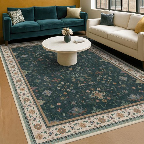 Hazo Haus Vintage Dark Green 6x8 Dining Room Rug - Washable Floral Low Pile Non-Slip Area Rug