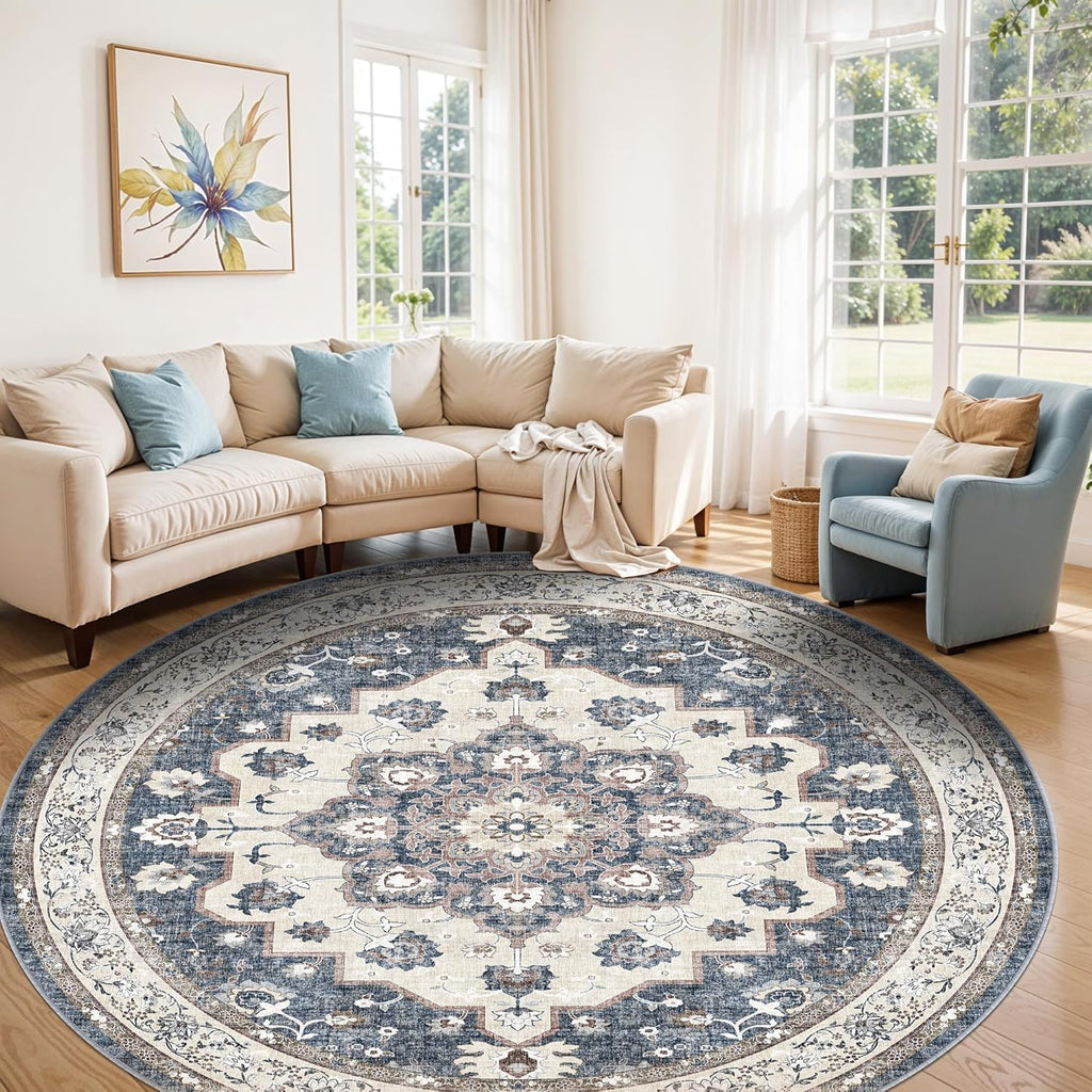 Skiennix Washable Circle Rug - 6ft Round Ultra Thin Soft Carpet | Water Resistant Floral Design in Blue