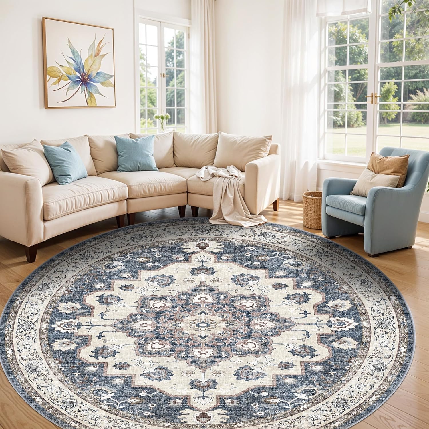 Skiennix Washable Circle Rug - 6ft Round Ultra Thin Soft Carpet | Water Resistant Floral Design in Blue