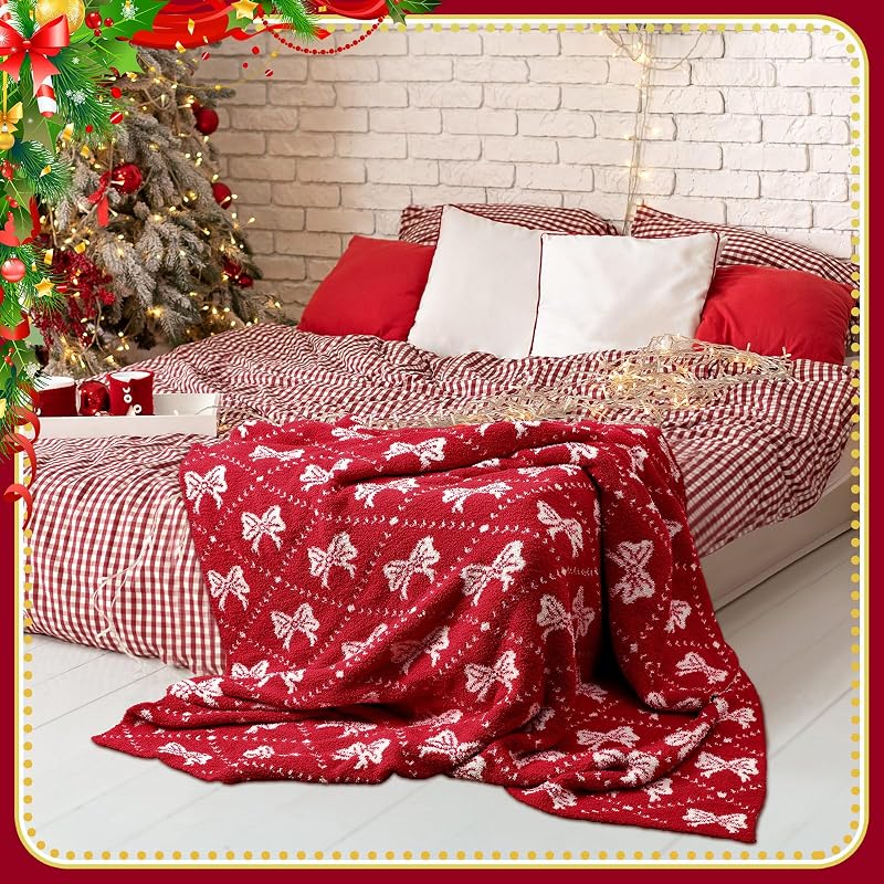 50 x 70 Inch Christmas Bow Throw Blanket - Red Coquette Bow, Lightweight