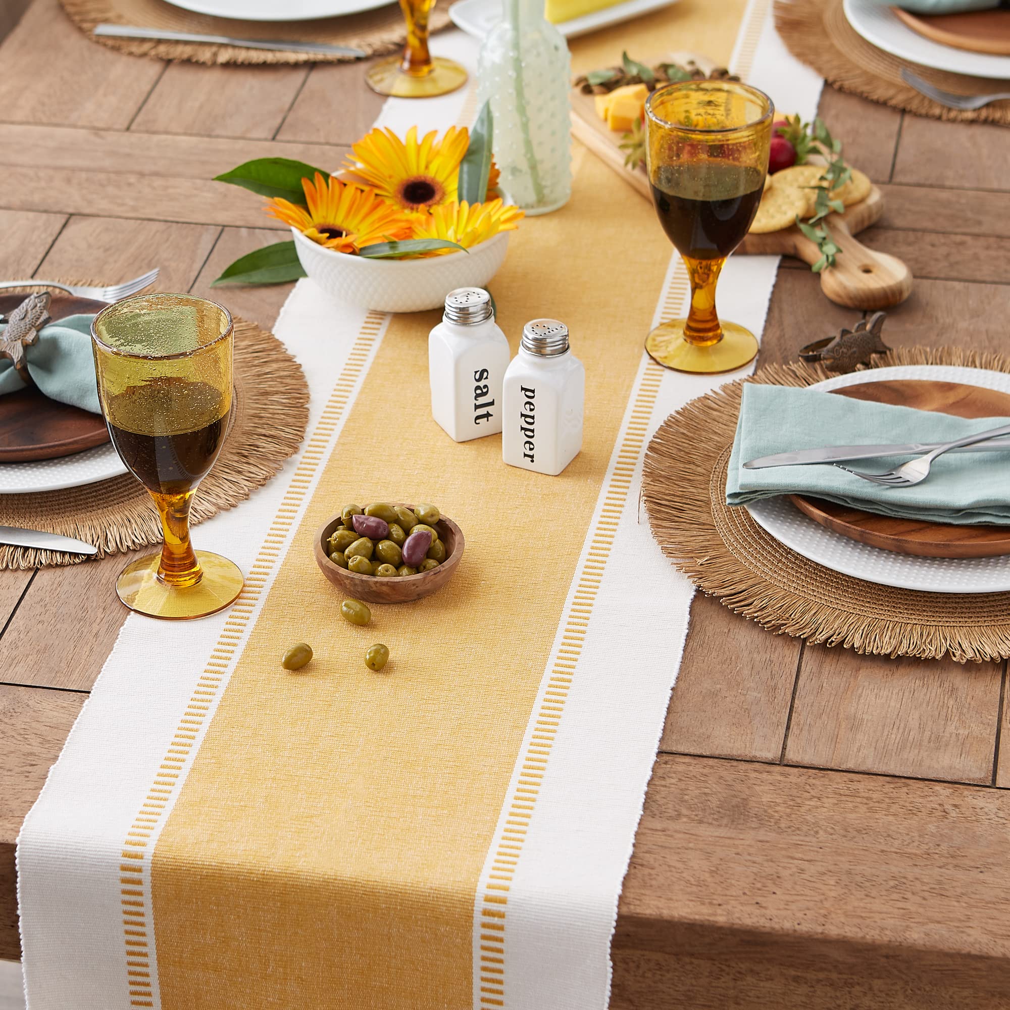 DII Dobby Stripe Woven Table Runner, 13x108 (13x113.5, Fringe Included), Honey Gold