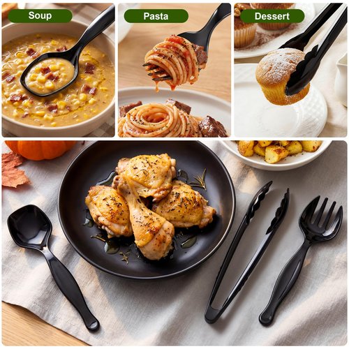 36Pcs Disposable Plastic Serving Utensils Set, 12 Black Spoons, 12 Forks, 12 Tongs, 9-Inch for Party Buffet Catering Events, Heavy Duty and Ergonomic Design (Black)