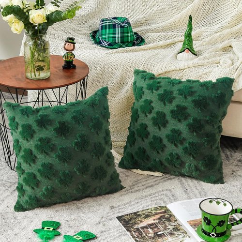 Eliluoni St Patricks Day Pillow Covers, 18x18 Inch Set of 2 Green Shamrock Throw Pillows, Soft Plush & Faux Fur Decor for Couch Sofa Bedroom, Holiday Home Decorations