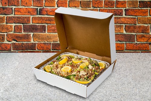 AmerCareRoyal Half Pan Corrugated Catering Box - Secure Stackable Food Delivery Container, Bakery Cardboard Food Storage Boxes, 13” x 10-7/8” x 3”, White, Case of 50