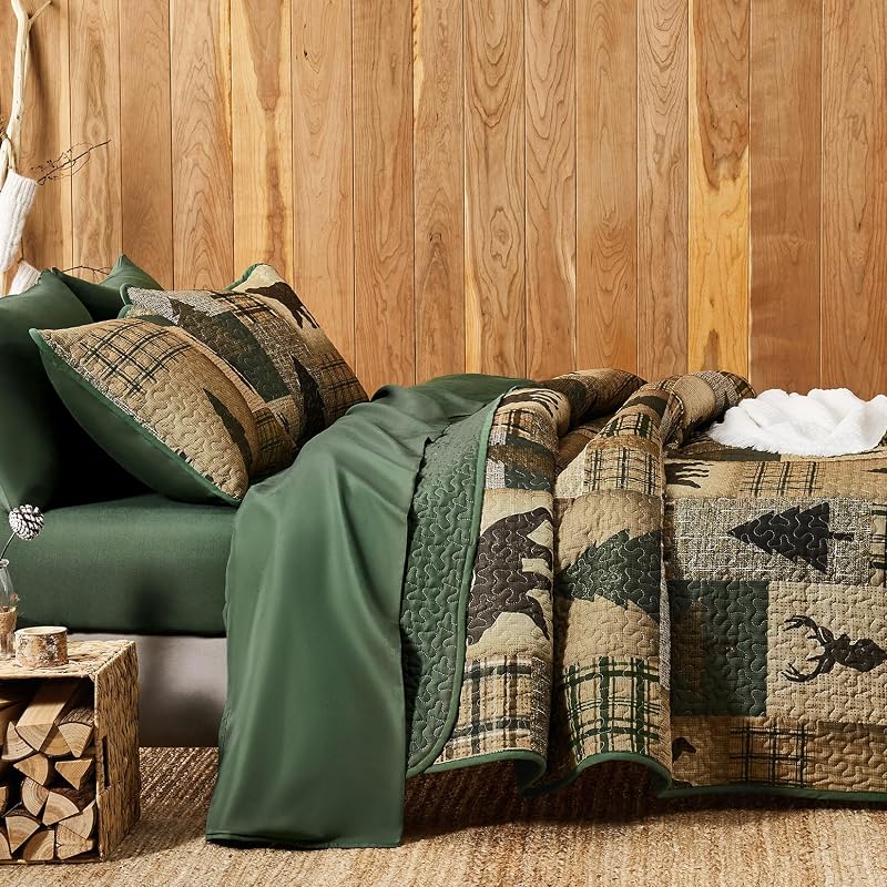Wake In Cloud Rustic Quilt Set - Green Brown Queen/Full, 3-Piece Reversible Bedspread