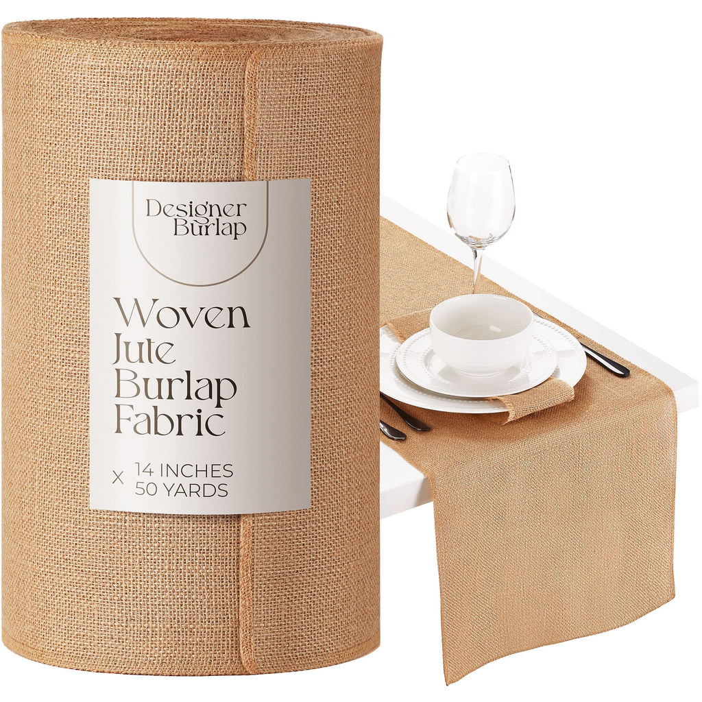 Designer Burlap Table Runner - For Farmhouse-Style Dining Room - Woven Jute Fabric Placemats or Centerpieces - Rustic Home Decor for Coffee, Tea, & Outdoor Tables - Long Roll, 14 Inches x 50 Yards