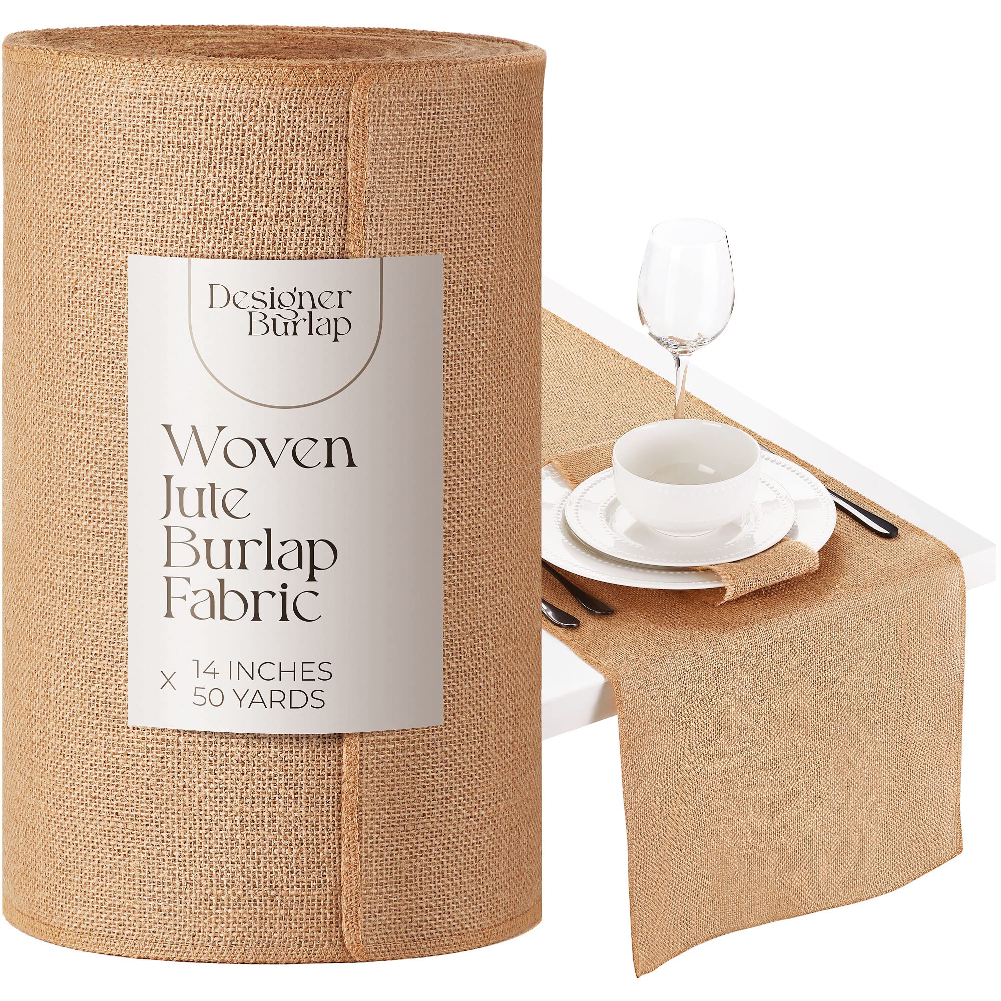 Designer Burlap Table Runner - For Farmhouse-Style Dining Room - Woven Jute Fabric Placemats or Centerpieces - Rustic Home Decor for Coffee, Tea, & Outdoor Tables - Long Roll, 14 Inches x 50 Yards