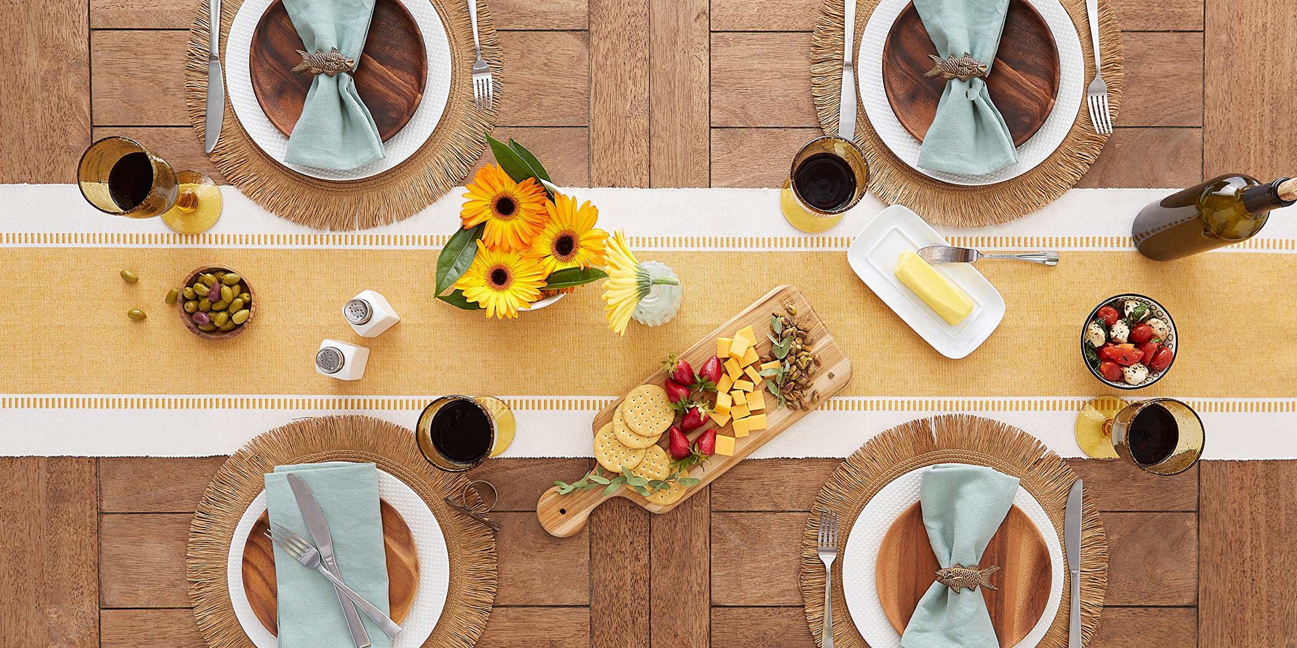 DII Dobby Stripe Woven Table Runner, 13x108 (13x113.5, Fringe Included), Honey Gold