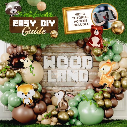ALL-IN-1 Woodland Balloon Arch Kit with BONUS Animals 6x Balloons for Woodland Baby Shower Decorations - Green and Brown Balloons for Shrek Party Decorations & Safari Baby Shower Decorations - Jungle