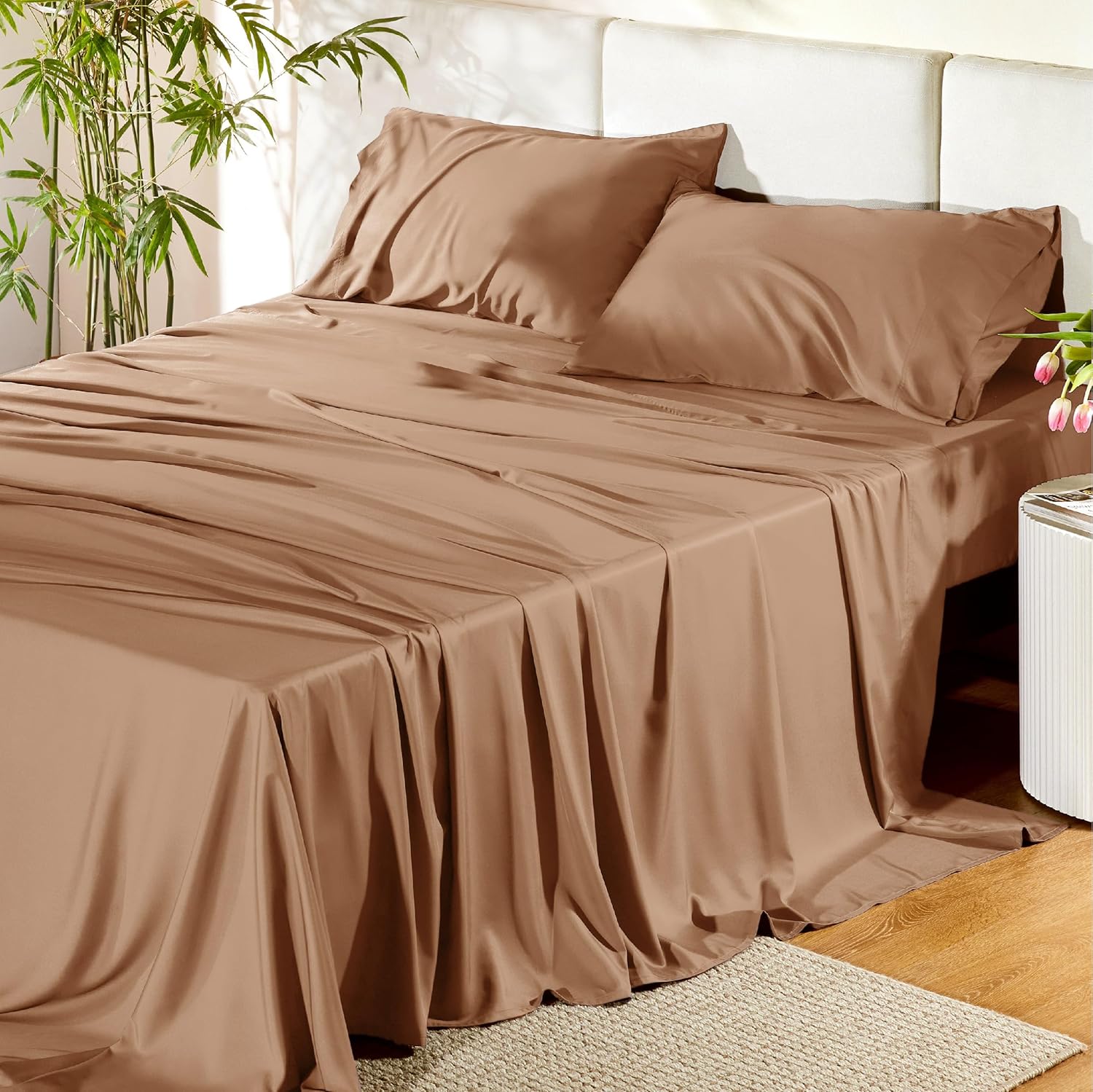 Bedsure Cooling California King Sheet Set - Breathable Rayon from Bamboo, Deep Pocket, Soft & Silky, Khaki