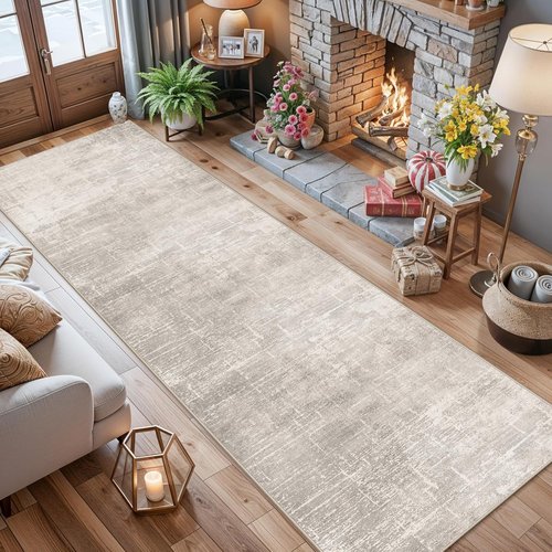 HY HAOYUNLAI Runner Rugs 2'6"x12" - Soft Non-Slip Kitchen Rug with Rubber Backing | Washable Beige/Cream Abstract Design