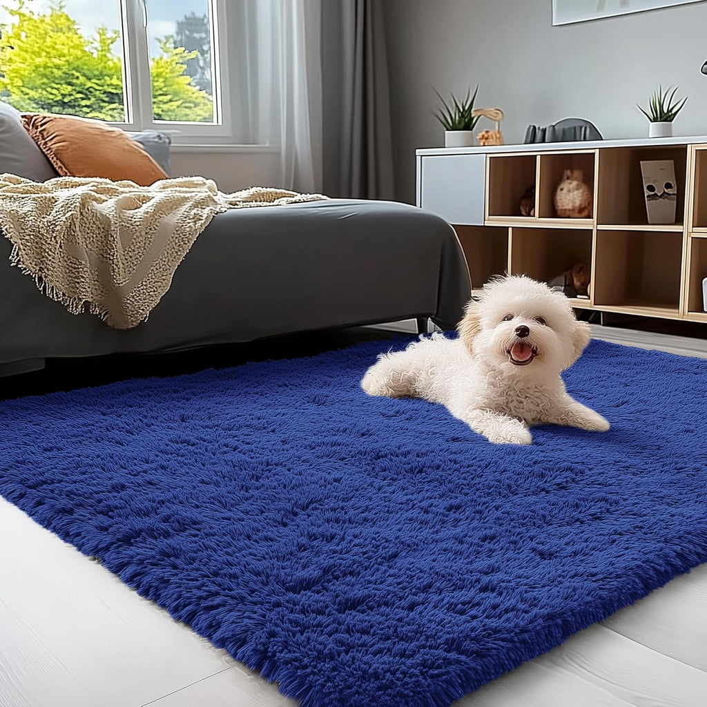 OLANLY 4x4 Soft Fluffy Shaggy Accent Rug - Machine Washable Indoor Carpet for Bedroom & Nursery, Navy Blue