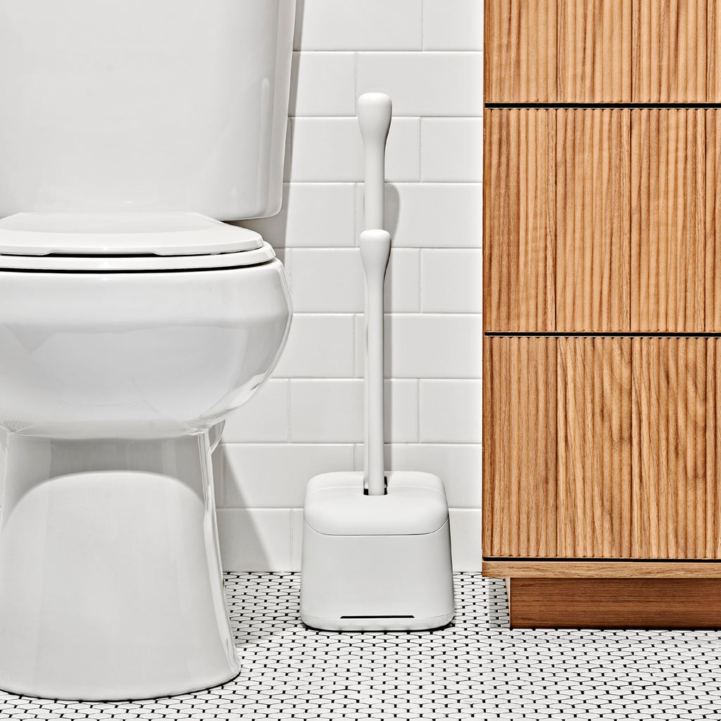 OXO Good Grips Toilet Brush & Plunger Set | Two Bathroom Essentials in one Space-Saving Canister | Toilet Bowl Cleaner and Plunger with Holder, Perfect for Small bathrooms