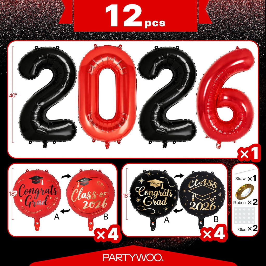 PartyWoo Graduation Balloons - Class of 2026 Black, Red & Gold Foil Number Balloons | 12pcs, 40 Inch & 18 Inch Mylar Decor