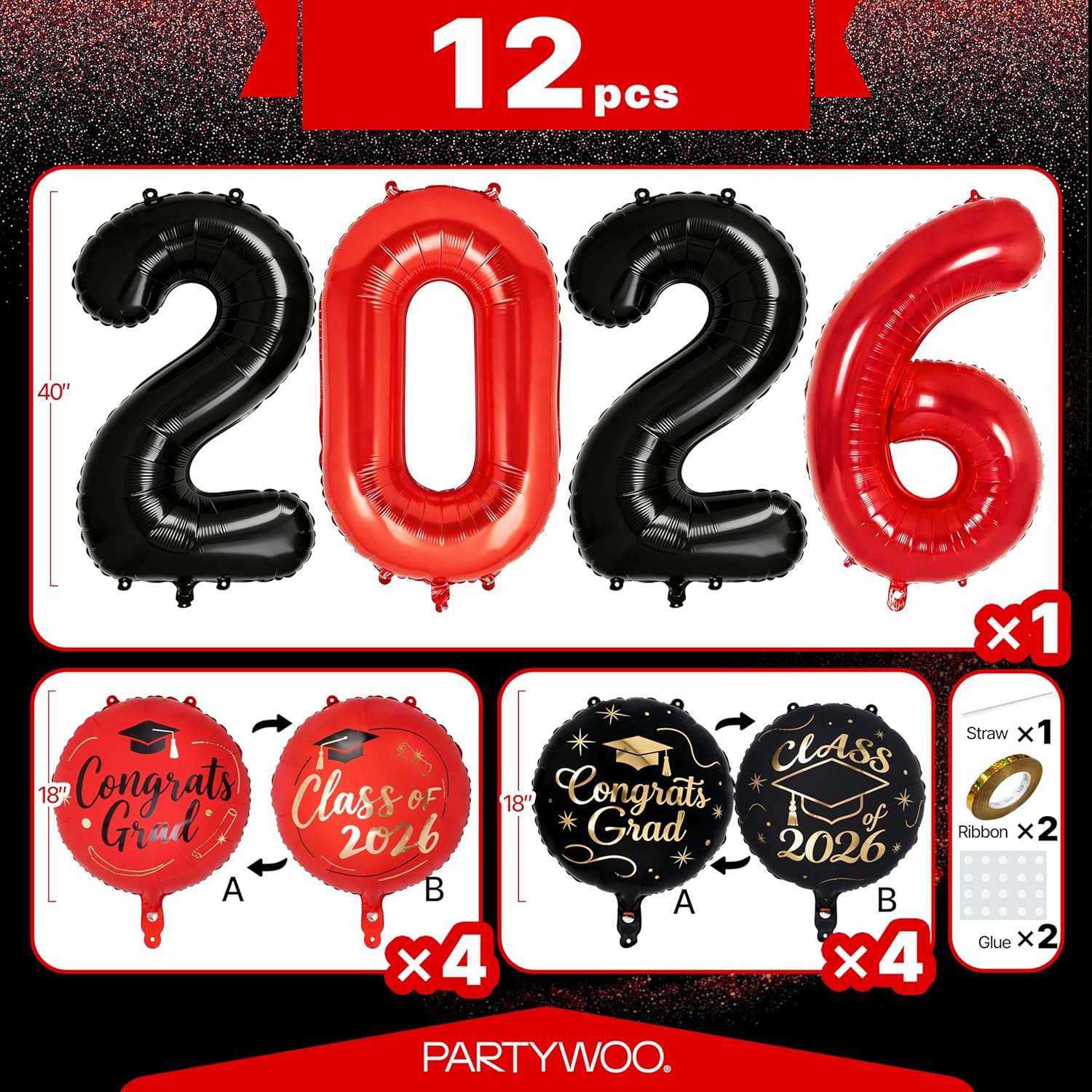 PartyWoo Graduation Balloons - Class of 2026 Black, Red & Gold Foil Number Balloons | 12pcs, 40 Inch & 18 Inch Mylar Decor