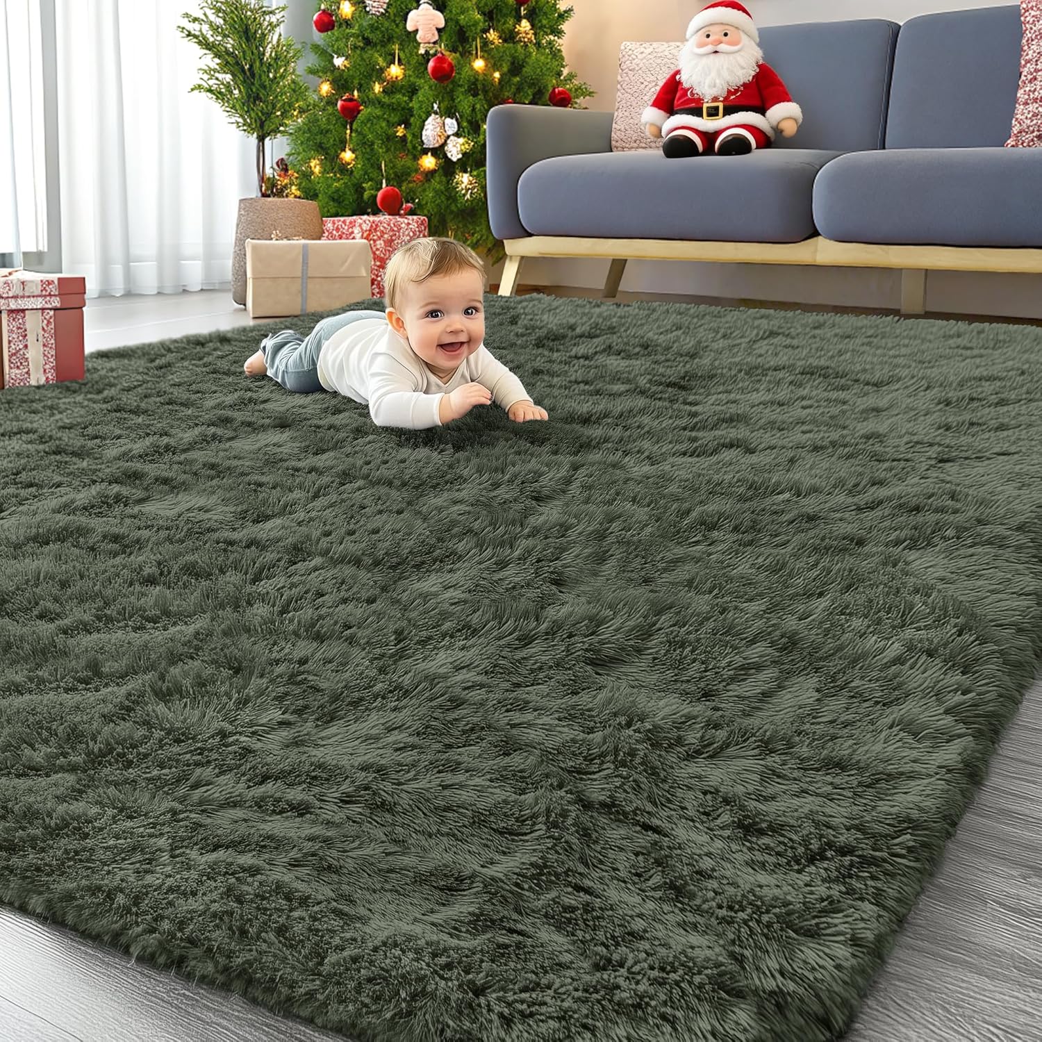 OLANLY Large Area Rug - Soft Fluffy Shaggy Carpet for Living Room & Bedroom | 8x10 ft, Olive Green
