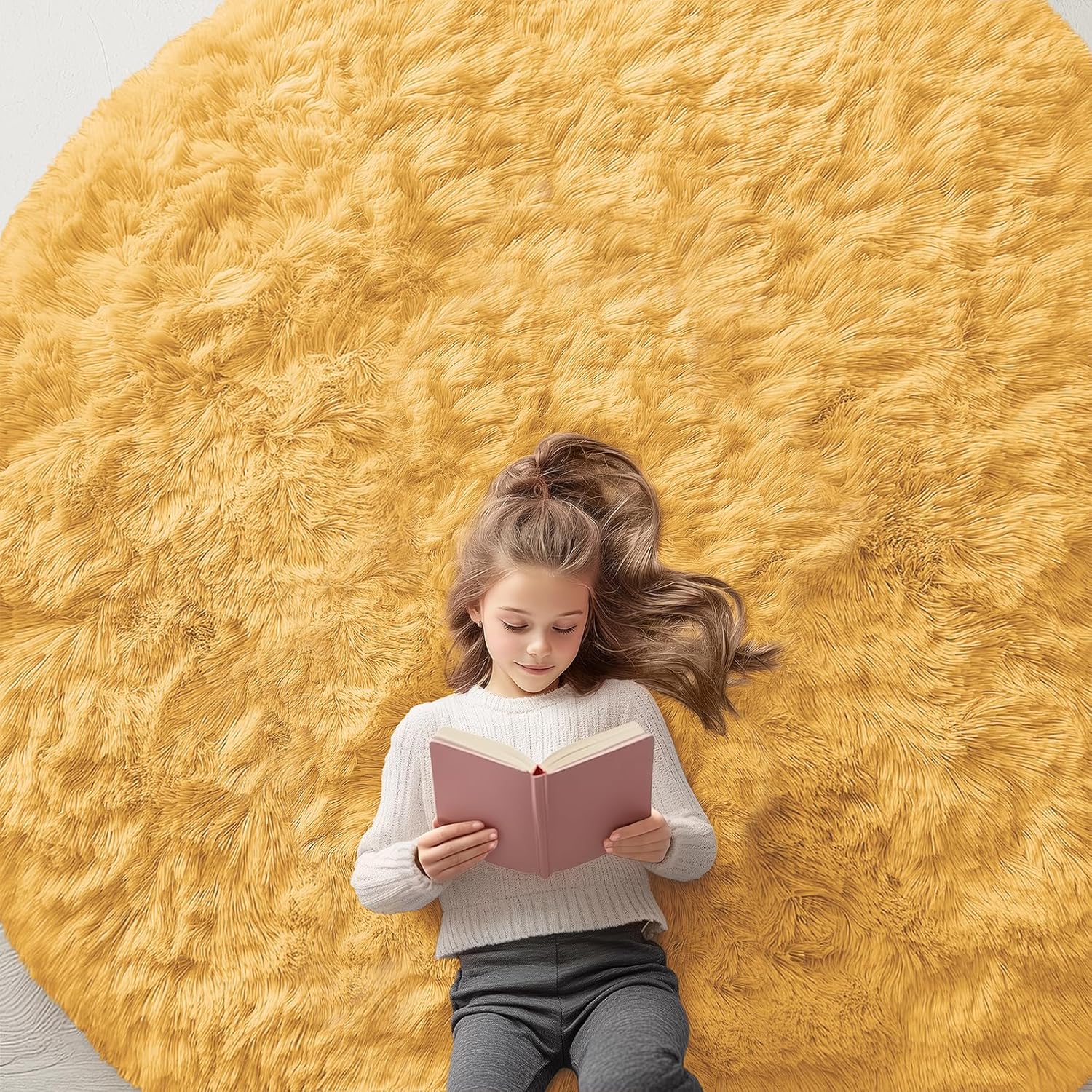 OLANLY Mustard Yellow Round Rug - Soft, Fluffy Shaggy Carpet | 7 ft Machine Washable Area Rug for Bedroom, Living Room, Nursery Decor