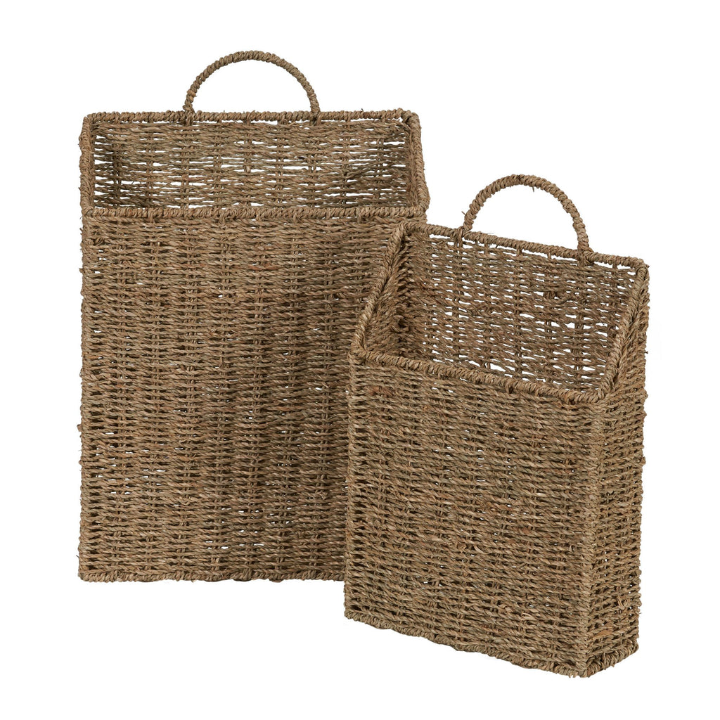 Rectangular Wicker Hanging Baskets, Set of 2, Small and Large, Handwoven Seagrass, Durable Metal Wire Frame, Multipurpose and Contemporary, Perfect for Organizing Newspapers, Mail and More, Natural