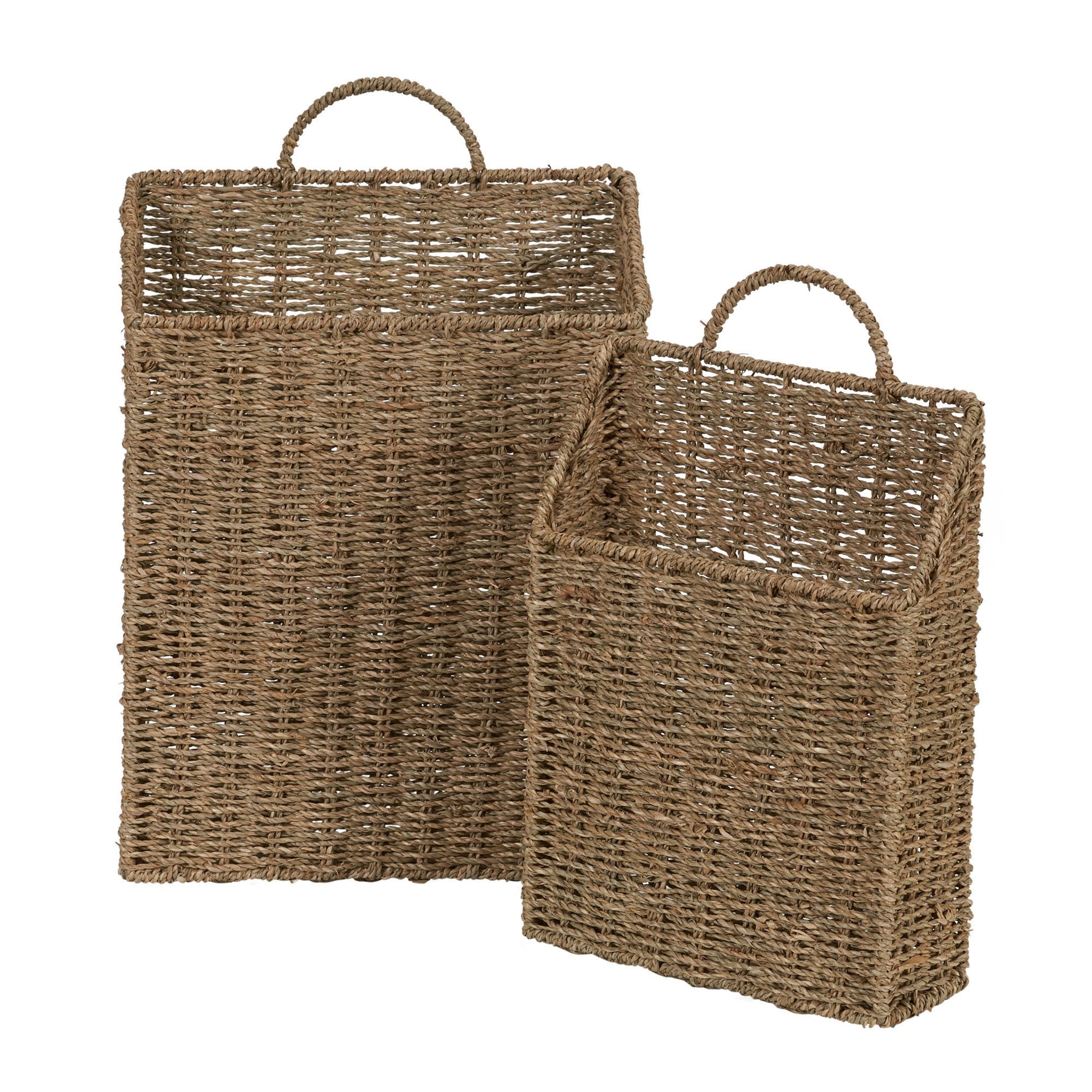 Rectangular Wicker Hanging Baskets, Set of 2, Small and Large, Handwoven Seagrass, Durable Metal Wire Frame, Multipurpose and Contemporary, Perfect for Organizing Newspapers, Mail and More, Natural