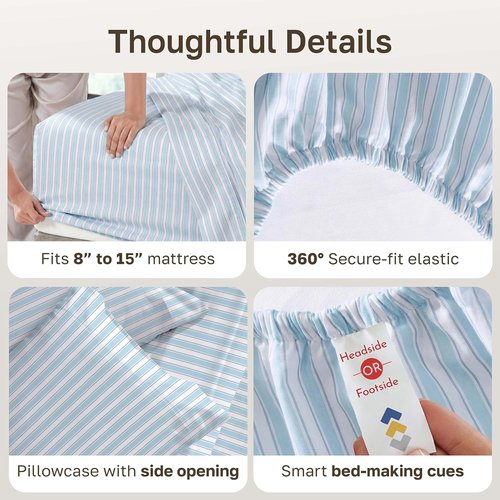 California Design Den Twin Size Cotton Sheets Set - 100% Soft Cotton, 400 Thread Count, Award-Winning Cape Stripe Blue