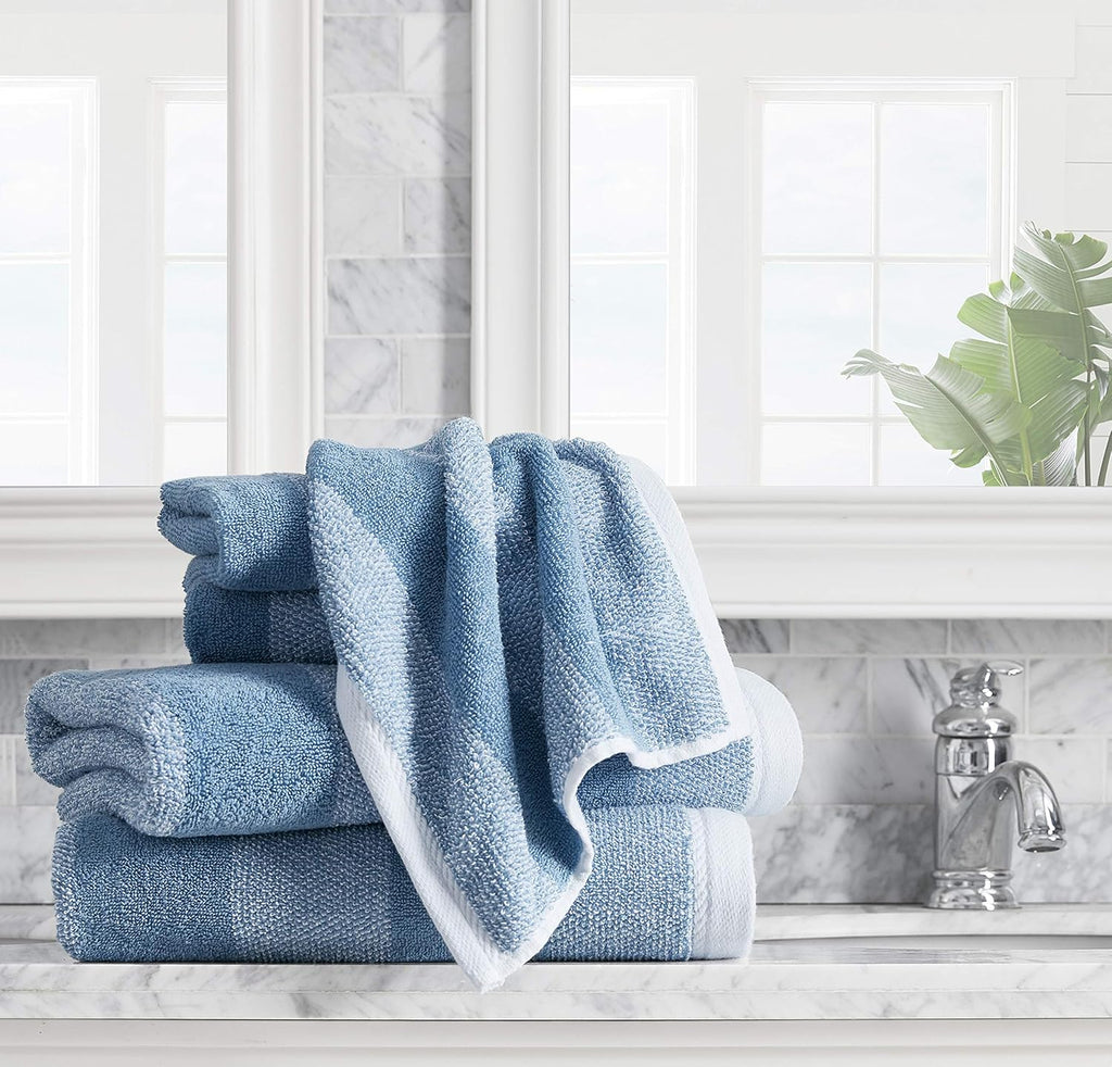 Nautica Bath Towel Set - Plush Cotton, Absorbent & Quick-Dry | Striped Americana Decor, Set of 6 in Oak Lake Blue