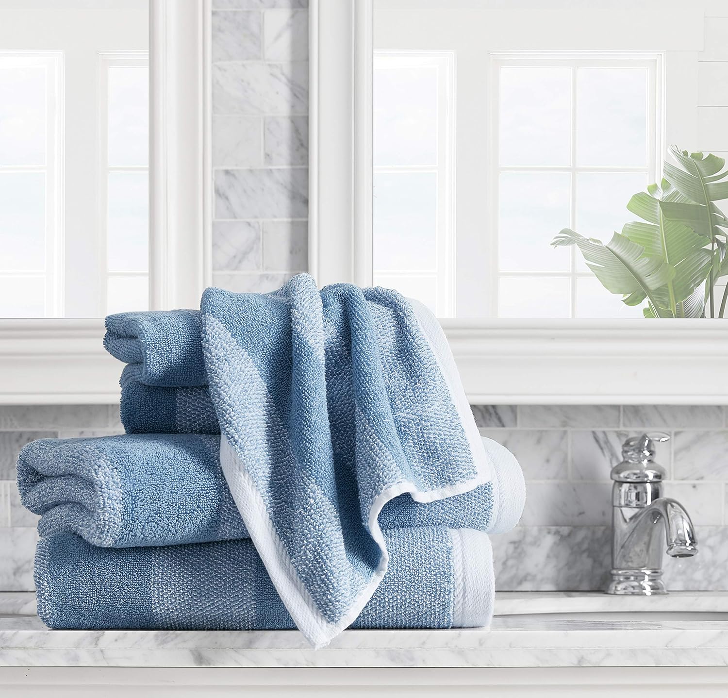 Nautica Bath Towel Set - Plush Cotton, Absorbent & Quick-Dry | Striped Americana Decor, Set of 6 in Oak Lake Blue
