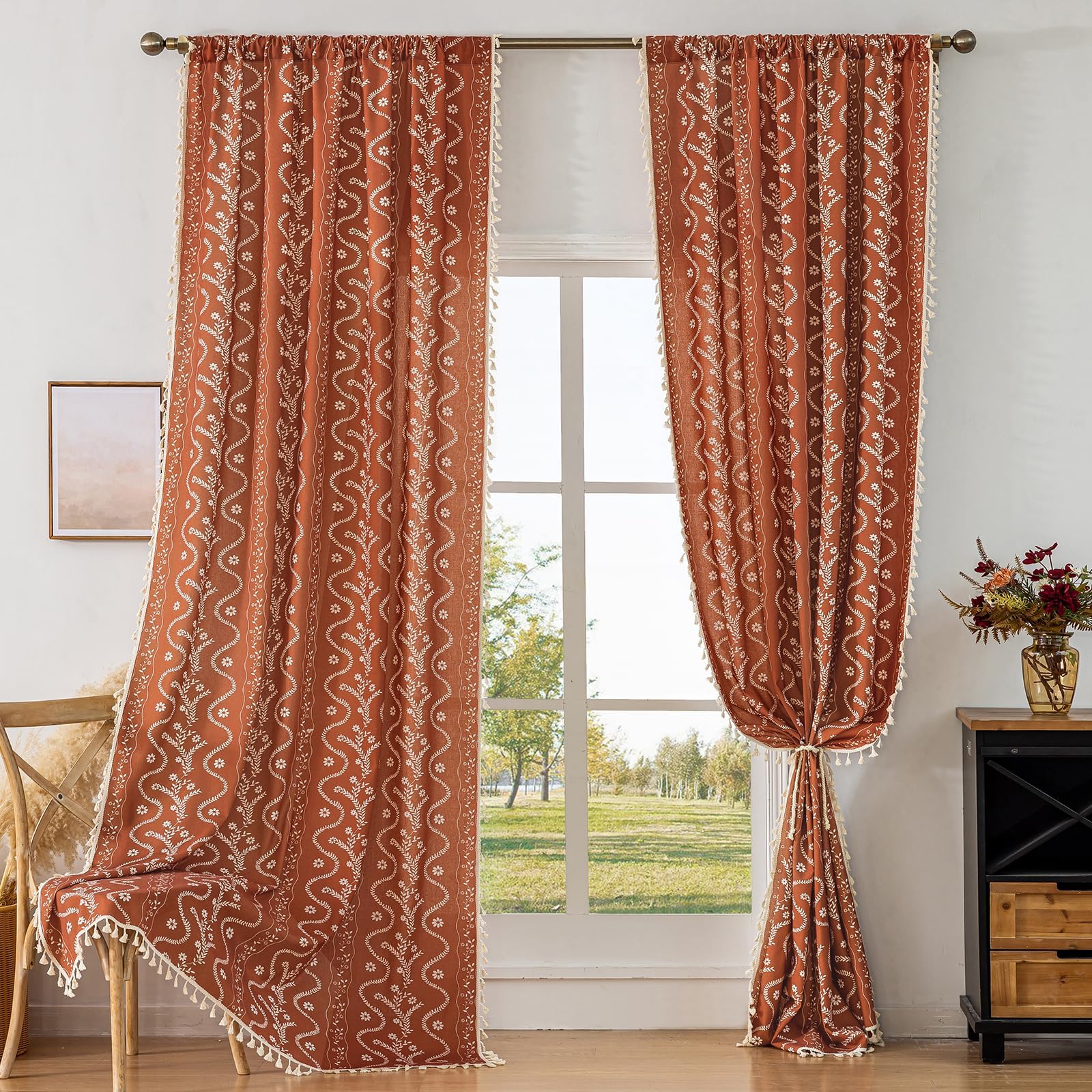 TIVNICO Burnt Orange Curtains for Living Room Patterned Farmhouse Curtains 2 Panels,Boho Linen Vintage Tassel Terracotta Floral Fall Window Curtain for Bedroom Dining Room Kitchen 84 Inch Long