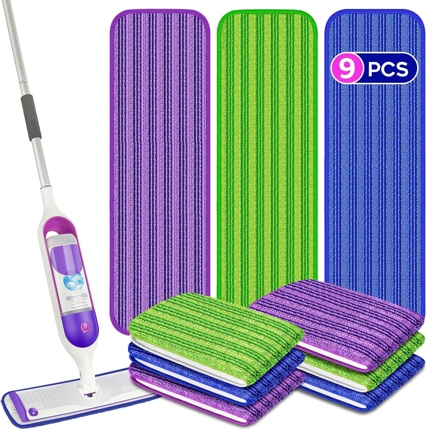 Papclean Mop Pads for Swiffer PowerMop - 9 Reusable Microfiber Cloths for Multi-Surface Cleaning
