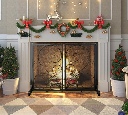 Calidola Fireplace Screen with Double Doors, Metal Mesh Spark Guard, Baby Proof Fireplace Screen, Decorative Black Safety Screen for Wood Stoves and Fireplaces