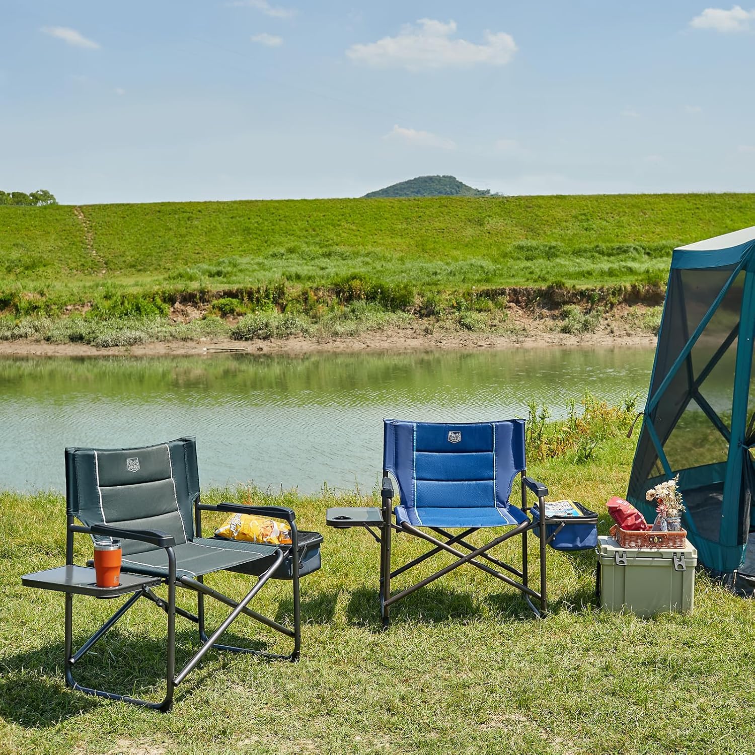 Timber Ridge XXL Oversized Directors Chair - Heavy Duty 600lbs Camping Chair with Cooler Bag & Table - Grey