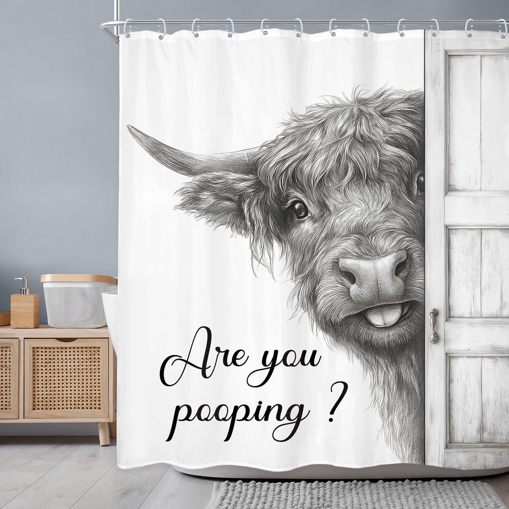Newsely Funny Highland Cow Shower Curtain 60Wx72L Inch Black and White Rustic Farmhouse Wooden Door Bathroom Set Humorous are You Pooping Waterproof Bath Decoration Accessories Home Decor