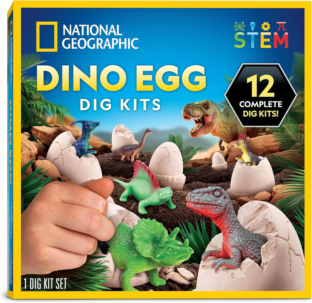National Geographic Dinosaur Dig Kit - 12 Dino Shaped Bricks with Figures & Excavation Tools | STEM Toy for Kids