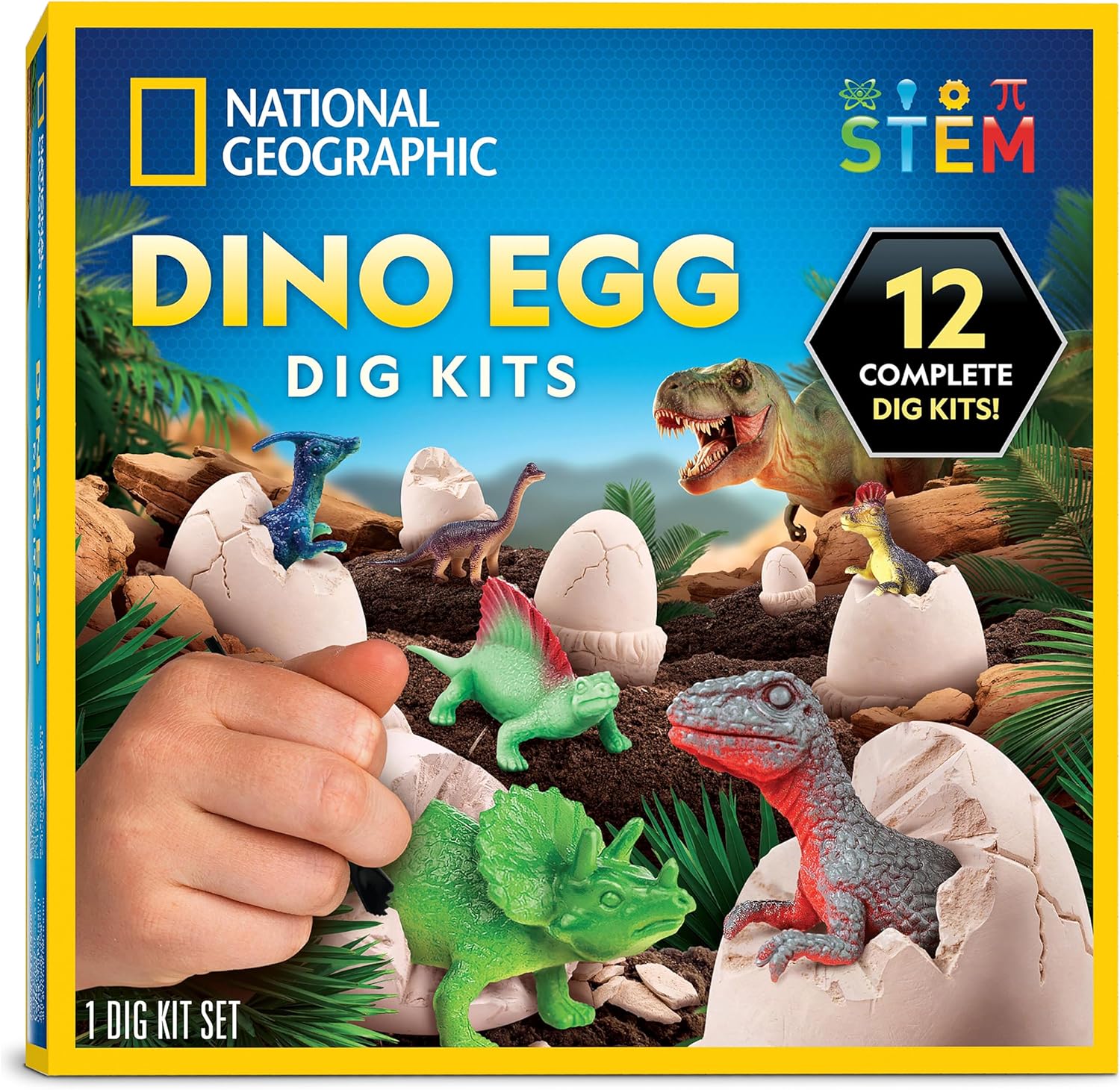 National Geographic Dinosaur Dig Kit - 12 Dino Shaped Bricks with Figures & Excavation Tools | STEM Toy for Kids
