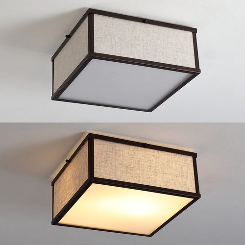 JONATHAN Y 14.13" Oil Rubbed Bronze 2-Light Iron and Linen Flush Mount, Minimalist Industrial Square Ceiling Light for Bedroom Hallway Living Room, LED Bulbs Included JYL1311A