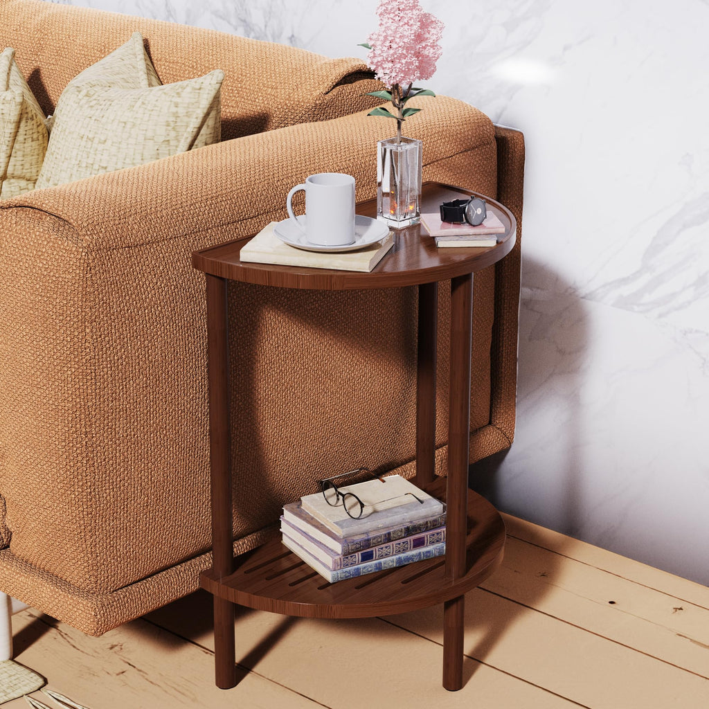 Skovtree End Table, Half Moon Side Tables, Living Room Half Round 2 Tier Tables, NightStand for Small Space in Living Room Bedroom, Couch Tables with Storage Shelf, Boho Side Table (Brown)