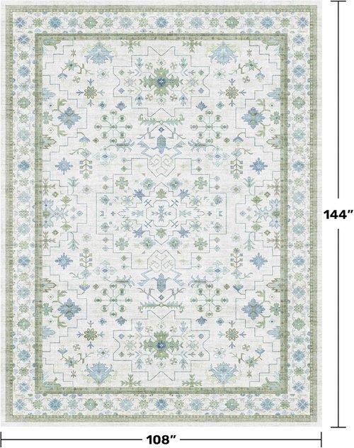 Green Area Rugs 9x12 by [Brand Name] - Washable Oriental Geometric Design | Extra Large Non-Slip Soft Faux Wool Carpet for Living Room, Bedroom, Dining Room