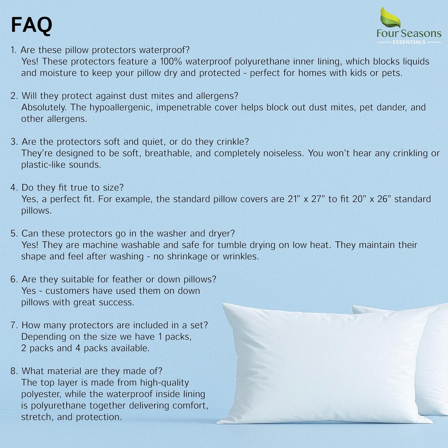 Zippered Waterproof Pillow Protectors by Standard | Hypoallergenic Dust & Allergen Proof (Set of 2)
