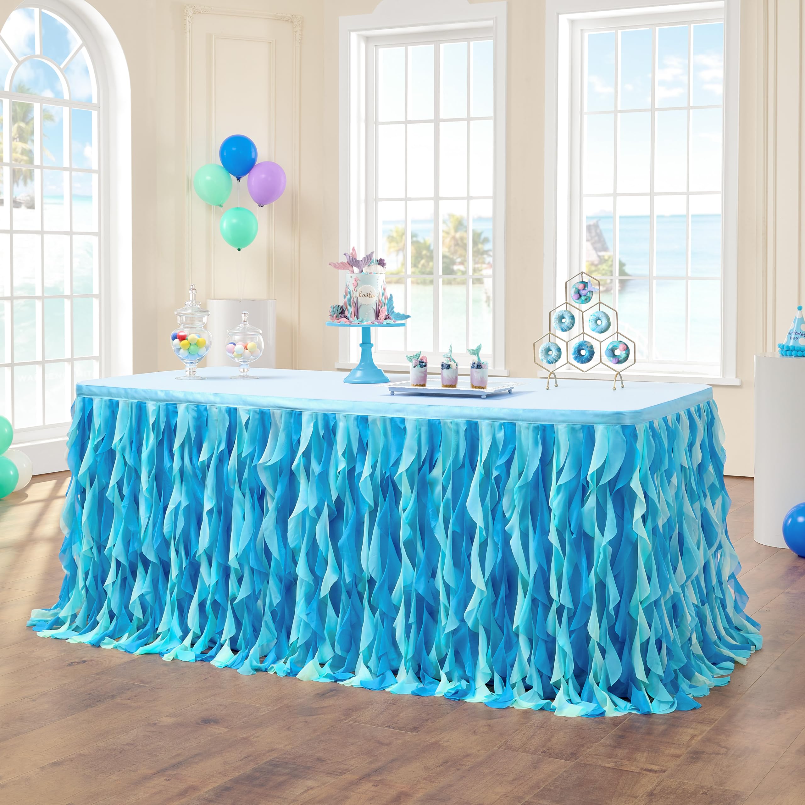 leegleri 14ft Tutu Table Skirt for 6/8ft Rectangle or Round Tables-Under The Sea Ocean Blue Baby Shark Themed Tutu Table Skirt for Baby Shower, Birthday Party,Gender Reveal