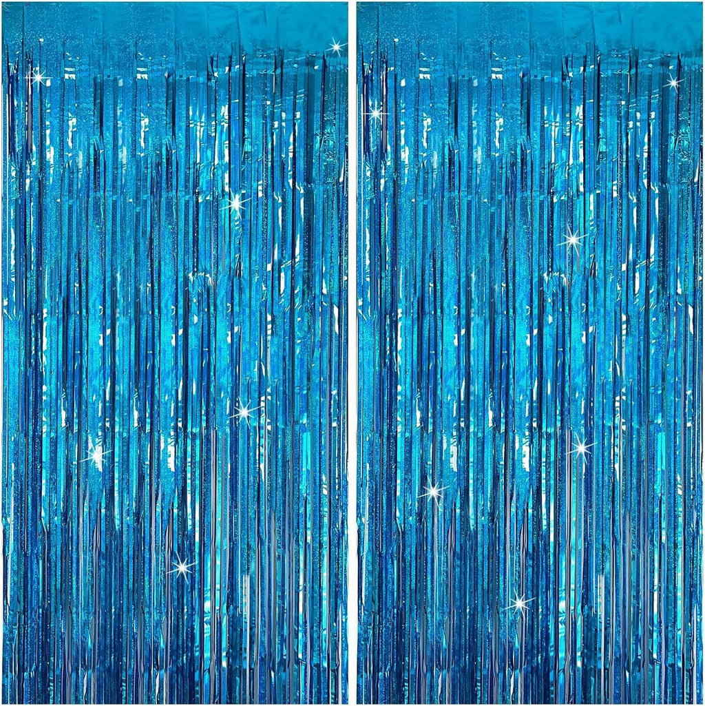 Skiennix Blue Party Backdrop Curtains - Metallic Tinsel Foil Fringe | Ocean-Themed Decor for Events