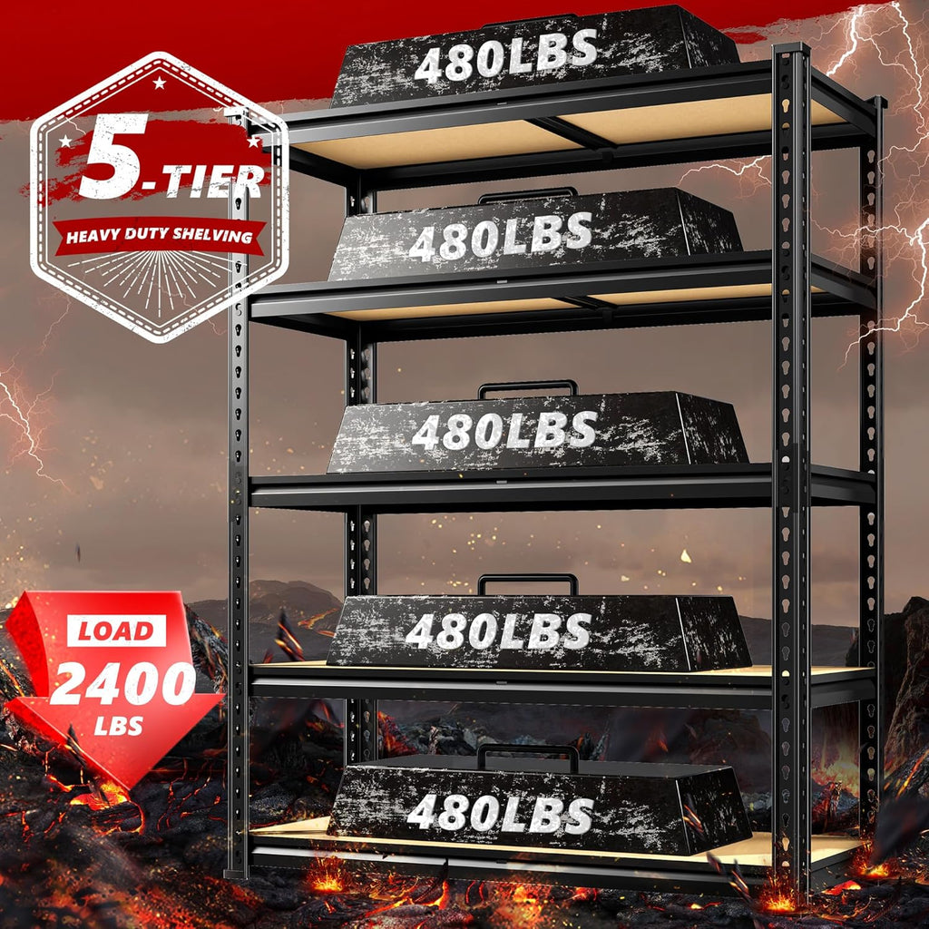 REIBII 5-Tier Heavy Duty Storage Shelves - Adjustable Utility Rack for Garage & Pantry | 35.5" W x 11.9" D x 72" H, Black
