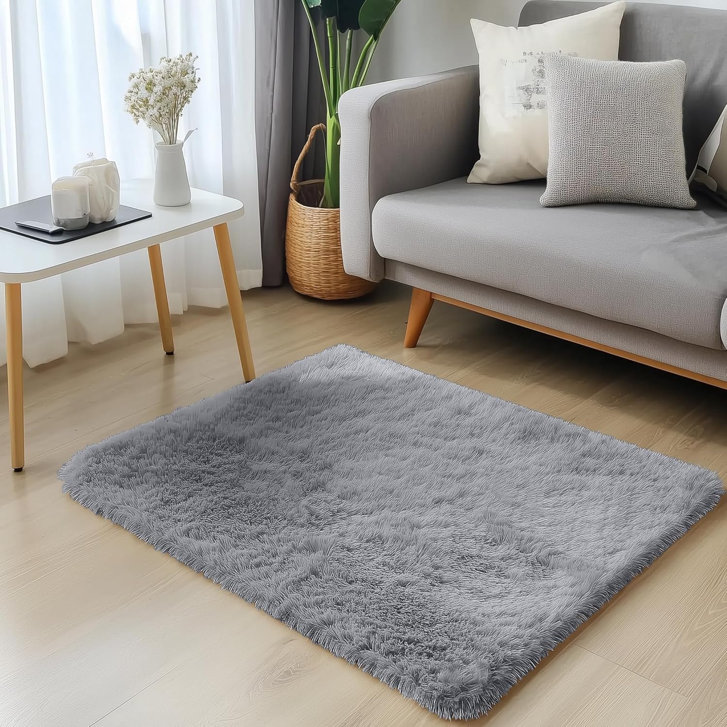 OLANLY Small Bedside Rug - Soft Fluffy Shaggy Throw Rug for Bedroom & Living Room | Light Grey