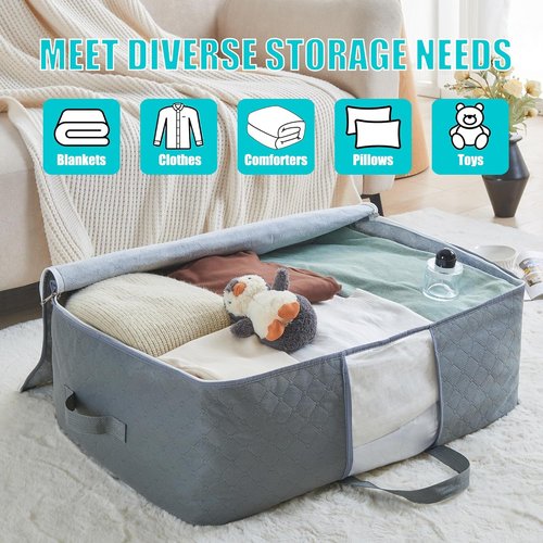 105L Extra Large Storage Bags - Organize Blankets, Bedding & Clothes | 4 Handles & Clear Window (Grey, 3-Pack)